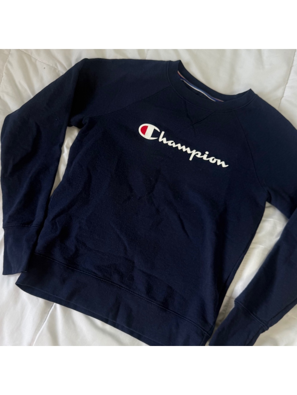 champion navy blue & white crewneck sweatshirt sweater xs fall autumn